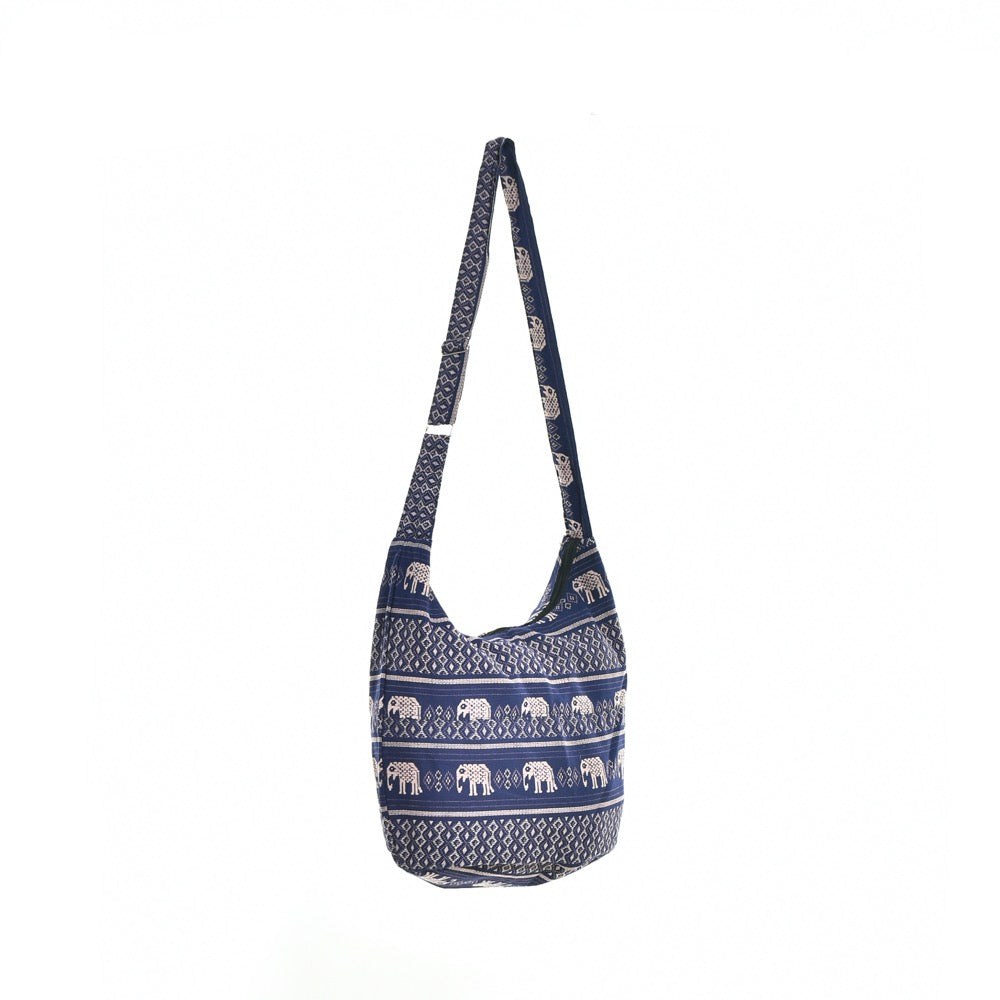 Bohotusk Blue Elephant Cotton Sling Shoulder Bag Adjustable Strap with Zip Closure