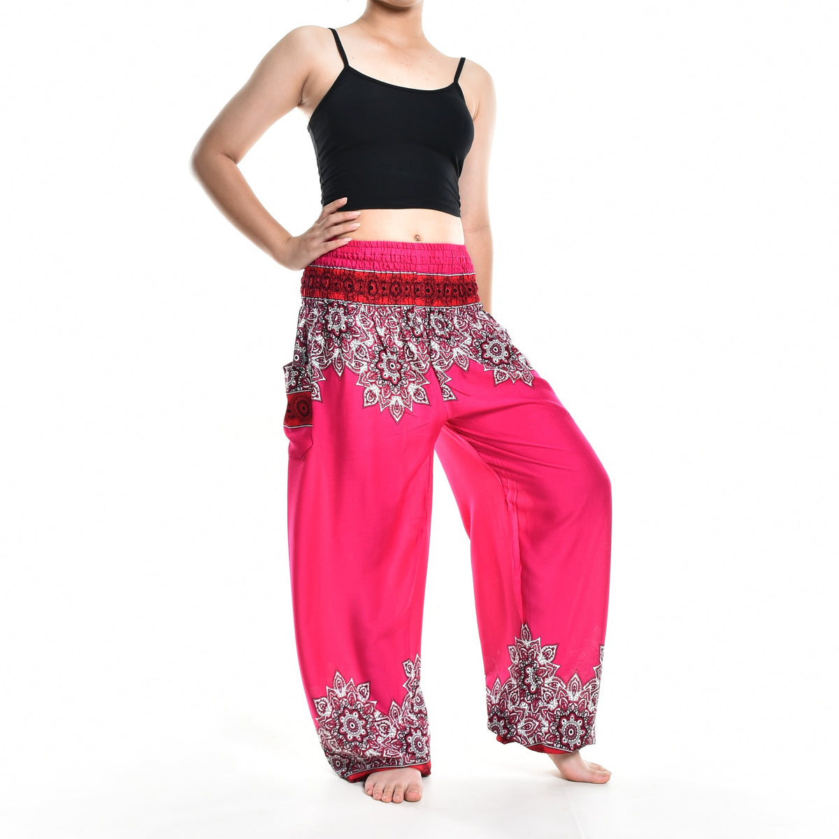 Pure Cotton Pink White Flowers Bamboo Leaves Fruits Design Women's Elastic Waist Harem Pants main image 1