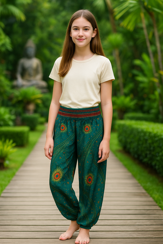 Bohotusk Kids Teal Moonshine Print Elasticated Smocked Waist Harem Pants (13 - 15 Years)
