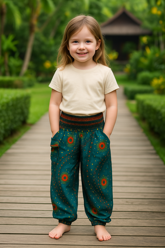 Bohotusk Kids Teal Moonshine Print Elasticated Smocked Waist Harem Pants (6 - 8 Years)