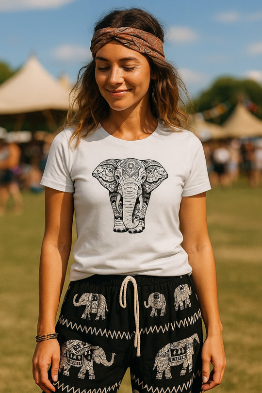 Bohotusk Elephant Print Cotton Ladies T-Shirt S - 2XL (UK 8 - 18) - available in 7 sizes.