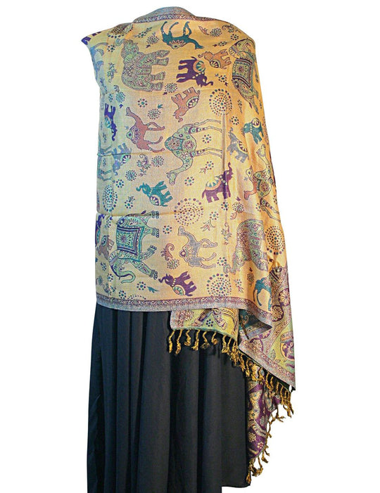 Aqua Green Sand Purple Elephant Camel Print Pashmina Reversable 200 x 75cm