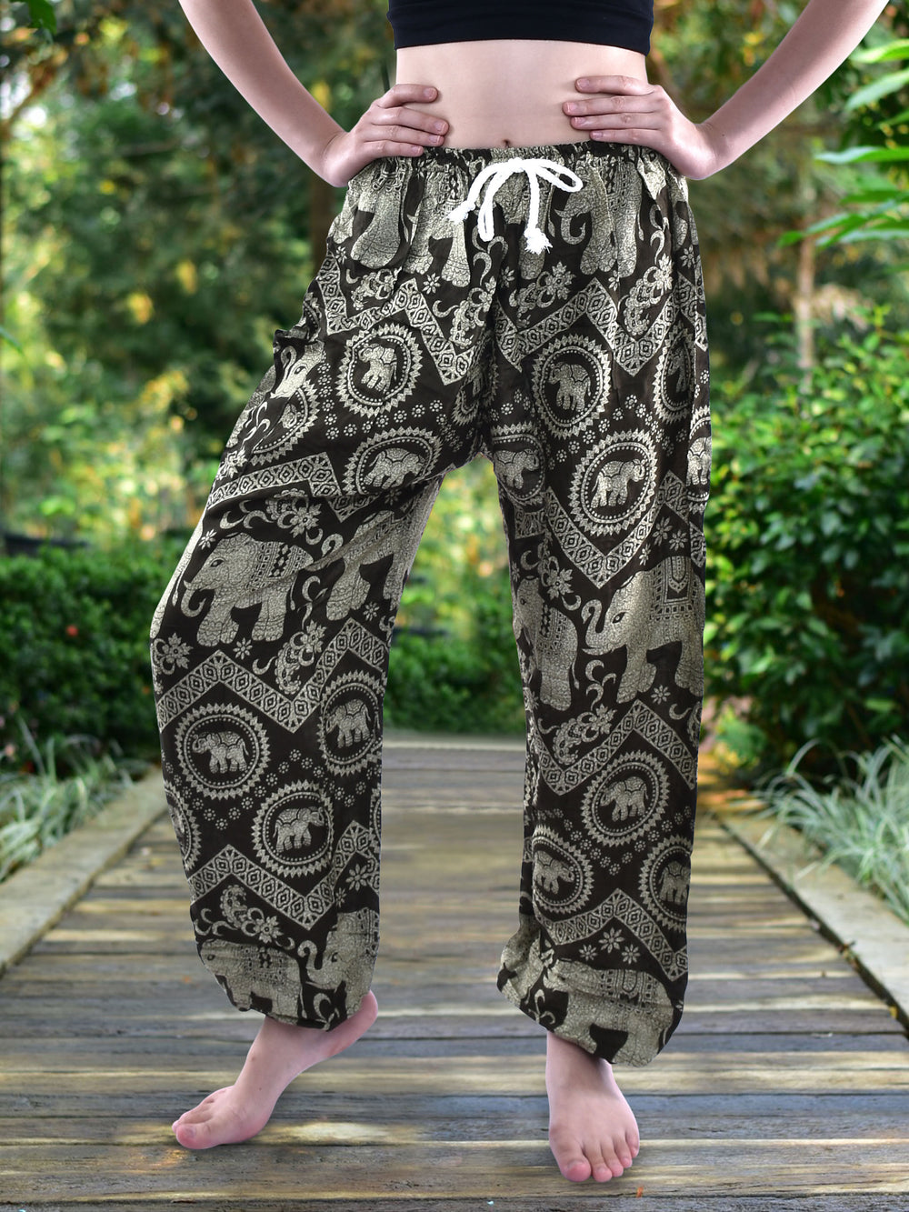 Bohotusk Olive Green Elephant Tusker Print Womens Harem Pants Tie Waist S/M to L/XL
