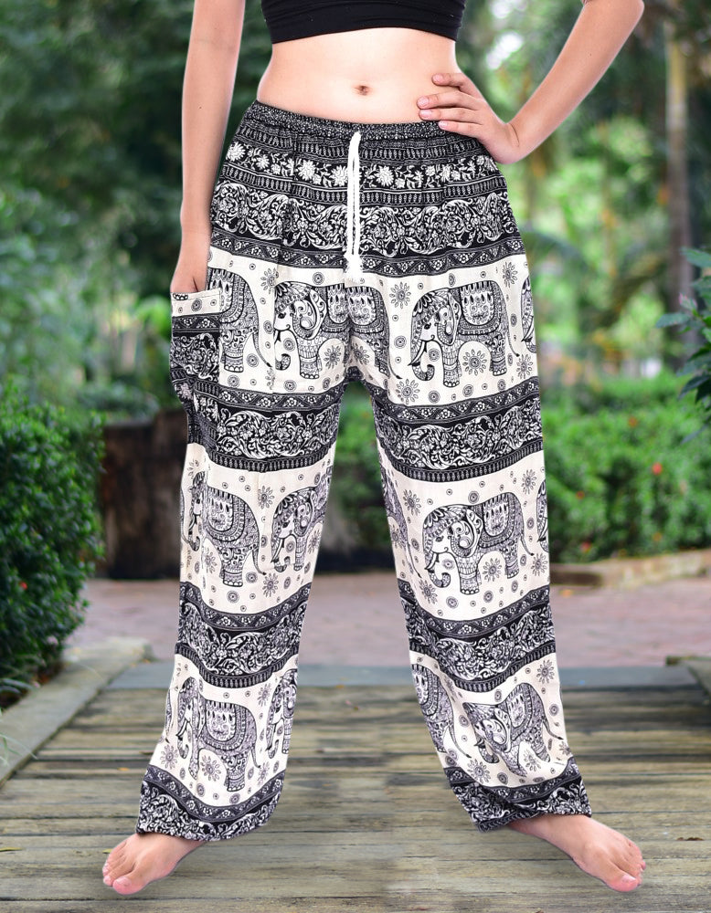 Bohotusk Black Elephant Herd Print Womens Harem Pants Cord Tie Waist S
