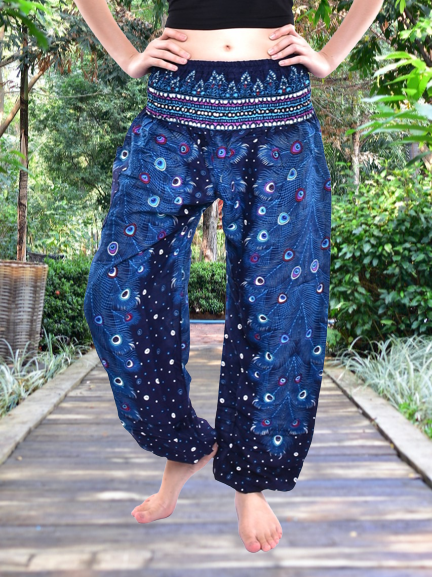 Bohotusk Blue Peacock Elasticated Smocked Waist Harem Trousers