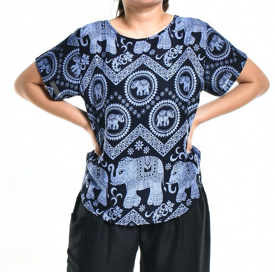 Bohotusk Blue Elephant Tusker Short Sleeved Top S M L  HALF PRICE PROMO