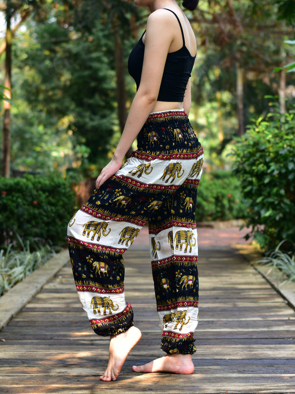 Bohotusk Black Elephant Stripes Print Elasticated Smocked Waist Womens Harem Pants S/M