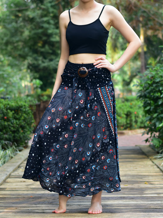 Bohotusk Black Peacock Long Skirt With Coconut Buckle (& Strapless Dress) S/M to 3XL