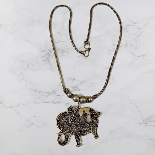 Bohotusk Elephant Cross Oxidised Silver Shield Pendant Necklace