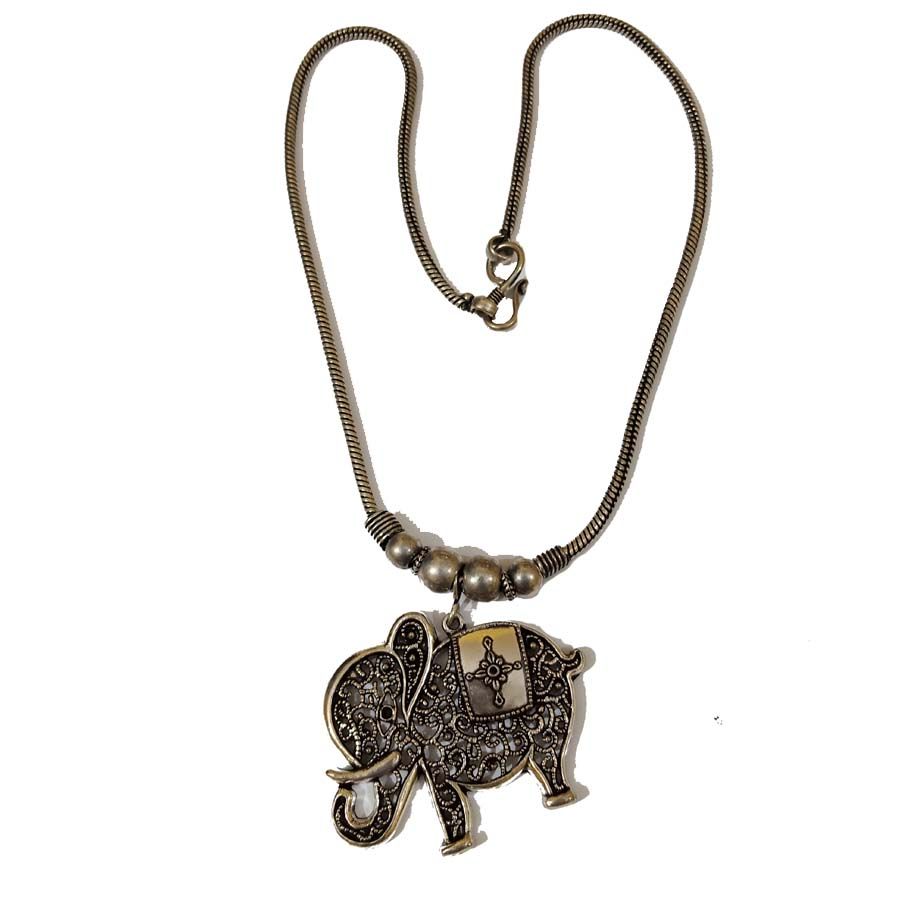Bohotusk Elephant Cross Oxidised Silver Shield Pendant Necklace