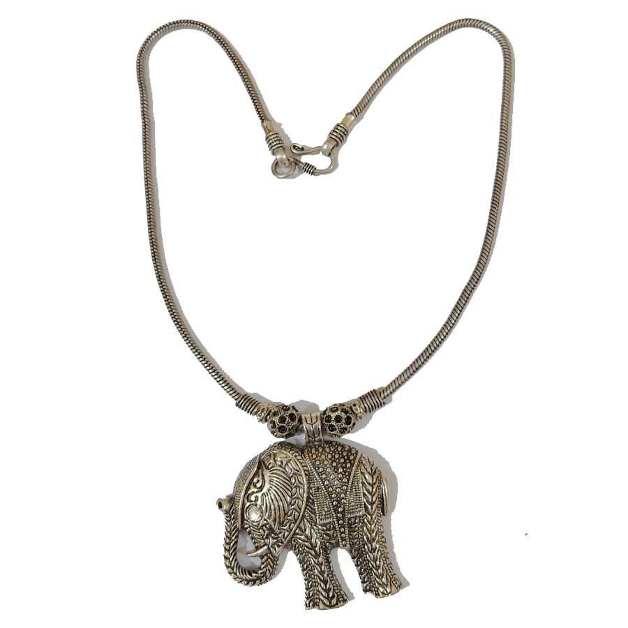 Bohotusk Royal Elephant Oxidised Silver Shield Pendant Necklace