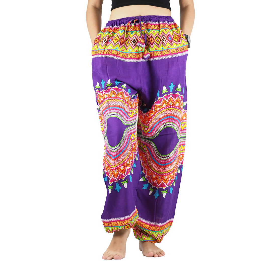 Bohotusk Purple Regue Print Womens Harem Pants Cord Tie Waist S/M Only