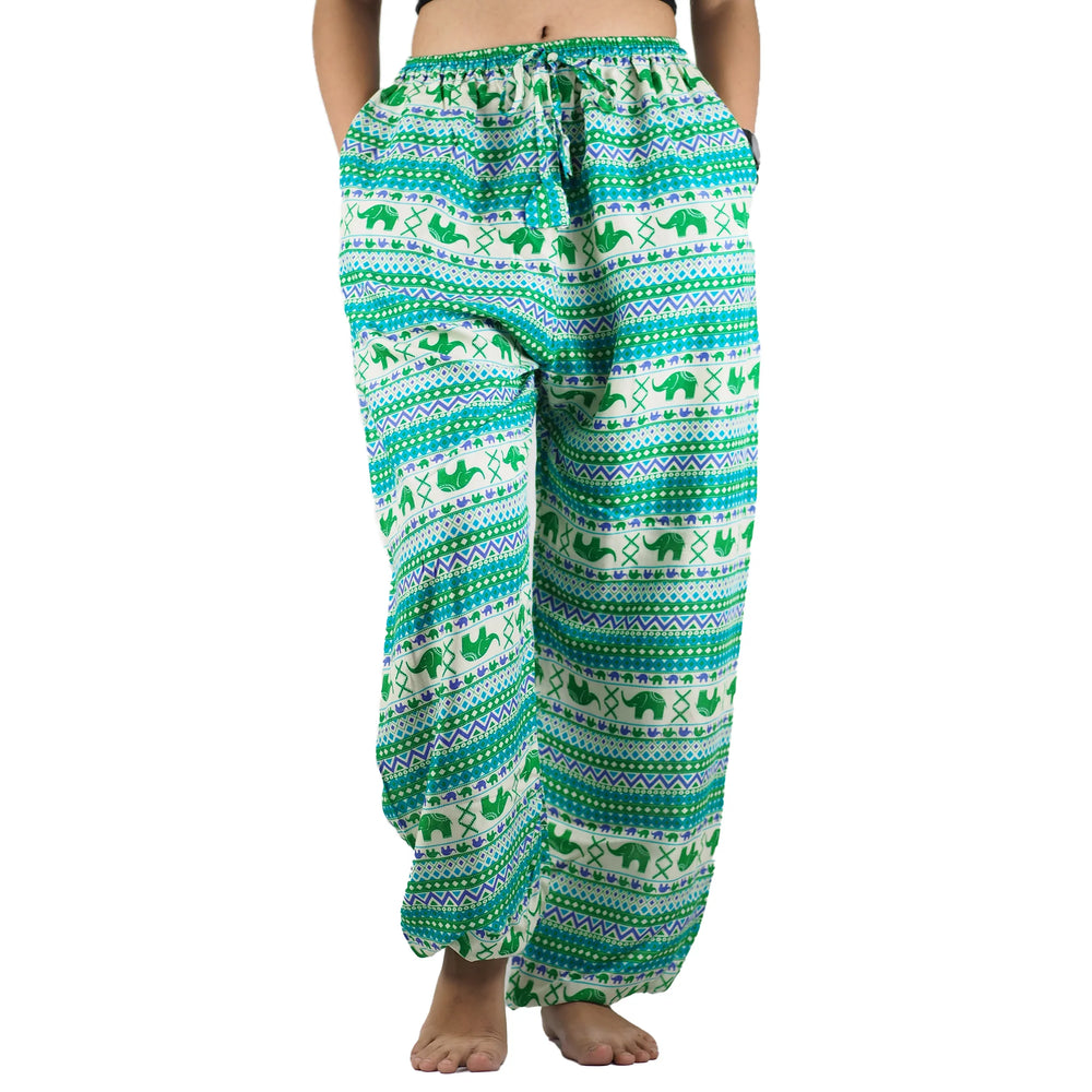 Bohotusk Striped Light Green Elephant Print Womens Harem Pants Cord Tie Waist S/M Only