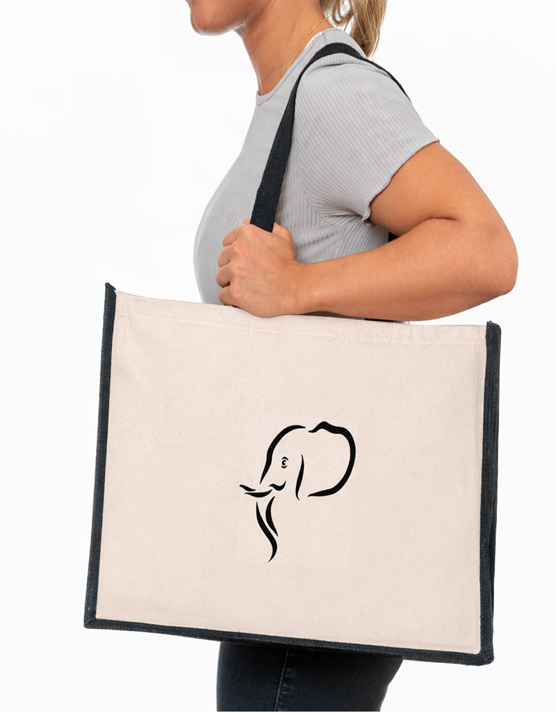 Elephant Head Jute Canvas Tote Bag