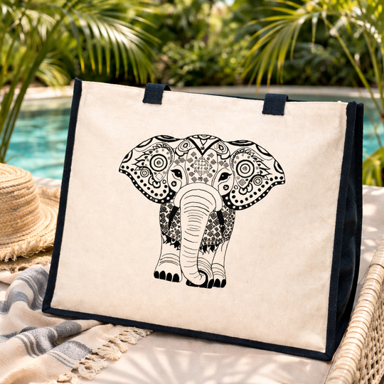 Elephant Print Jute Canvas Tote Bag