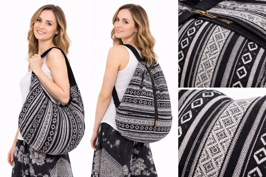 Bohotusk Black Pattern Cotton Canvas Duffle Bag