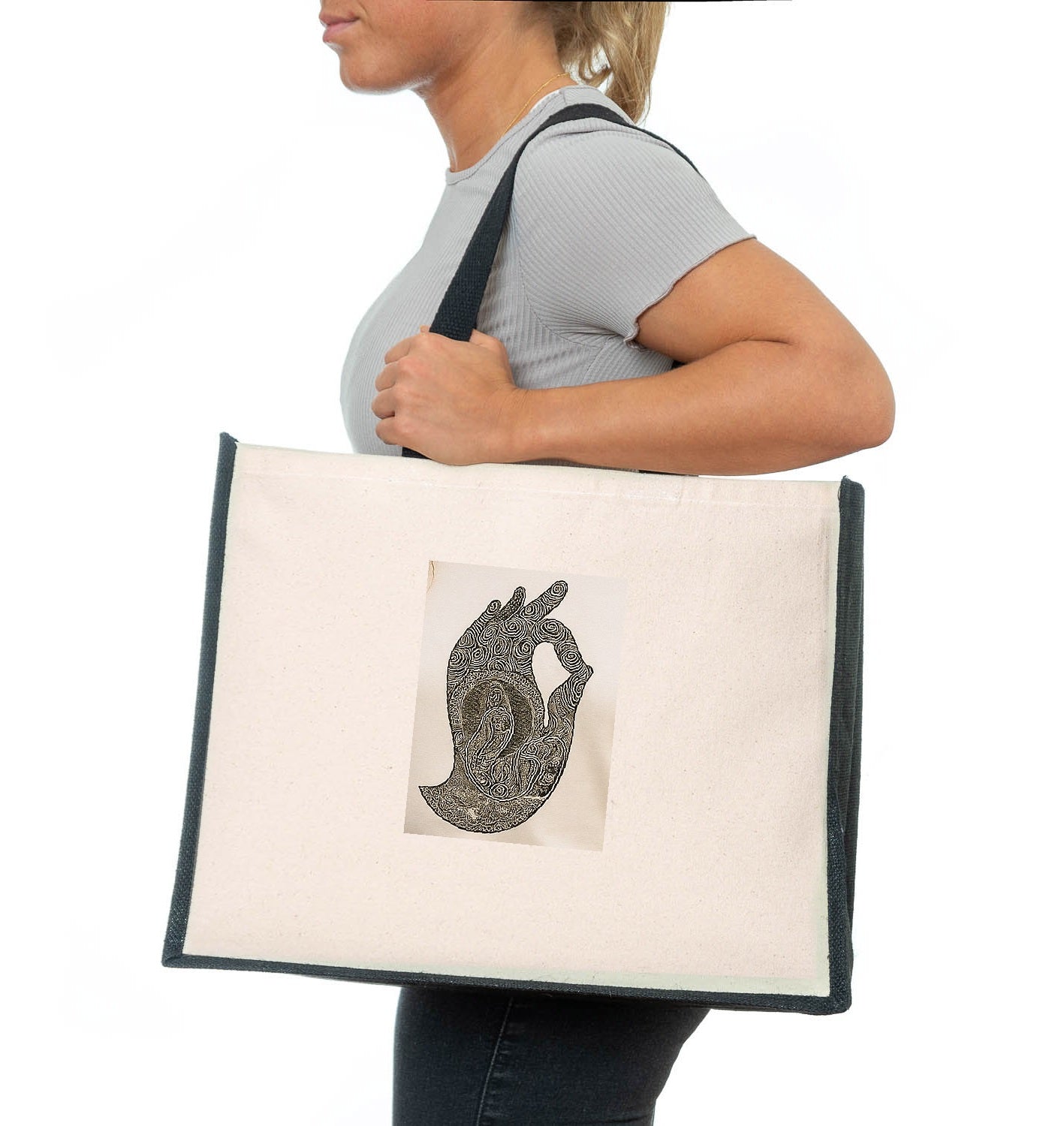 Hand of Buddha Jute Canvas Tote Bag – Bohotusk