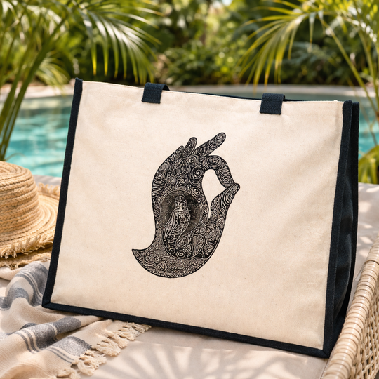 Hand of Buddha Jute Canvas Tote Bag