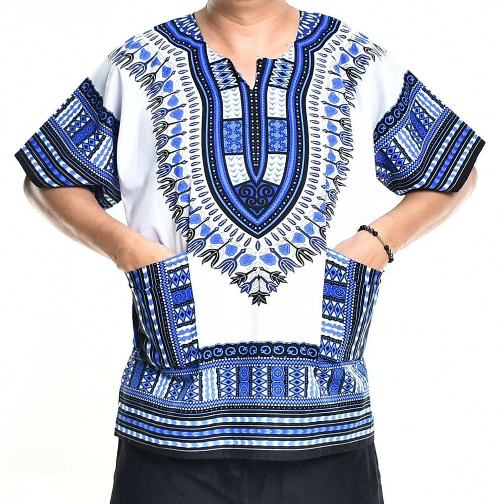 Light Blue White Dashiki Shirt African Poncho