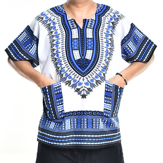 Light Blue White Dashiki Shirt African Poncho
