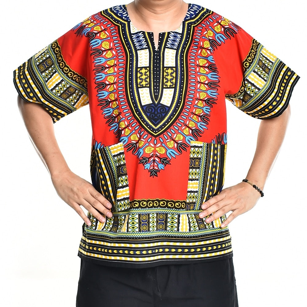 Red Dashiki Shirt African Poncho