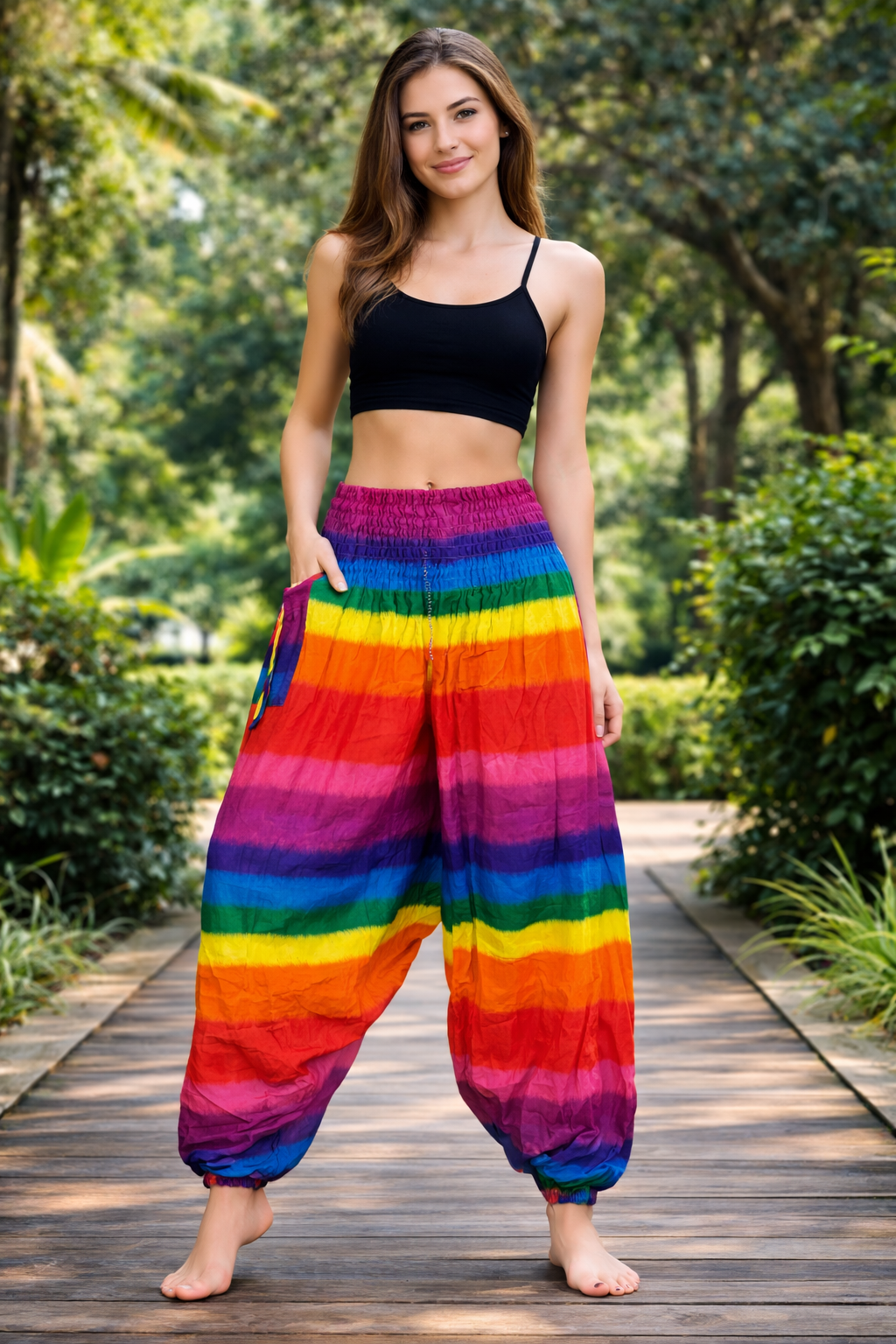 Bohotusk Rainbow Low Crotch Harem Pants Womens Elasticated Smocked Waist S/M Only