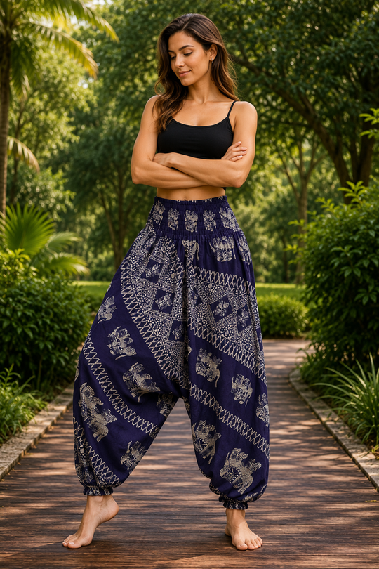 Bohotusk Purple Blue Elephant Bull Low Crotch Harem Pants Womens Elasticated Smocked Waist S/M