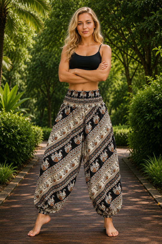 Bohotusk Black Elephant Savannah Low Crotch Harem Pants Womens Elasticated Smocked Waist S/M