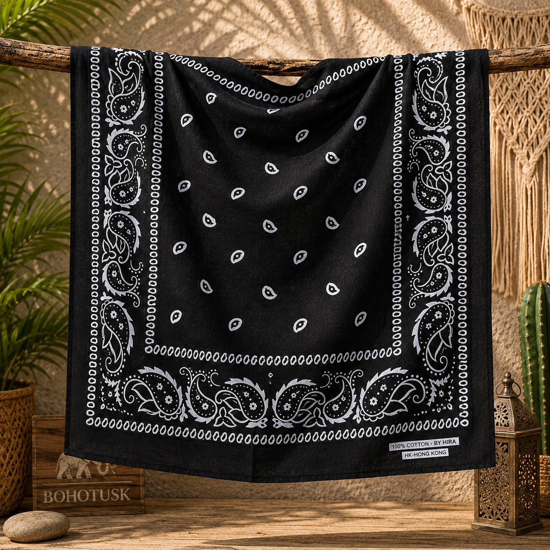 Black Paisley Bandana Pocket Square Neckerchief 56cm x 56cm (22in x 22in)