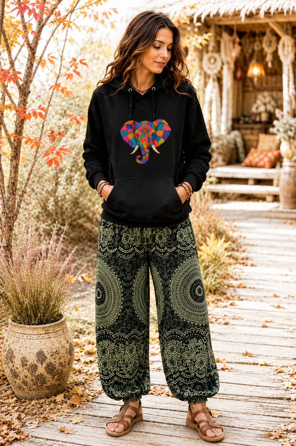 Bohotusk Patchwork Elephant Cotton Black Hoodie S - 2XL (UK 8 - 20)
