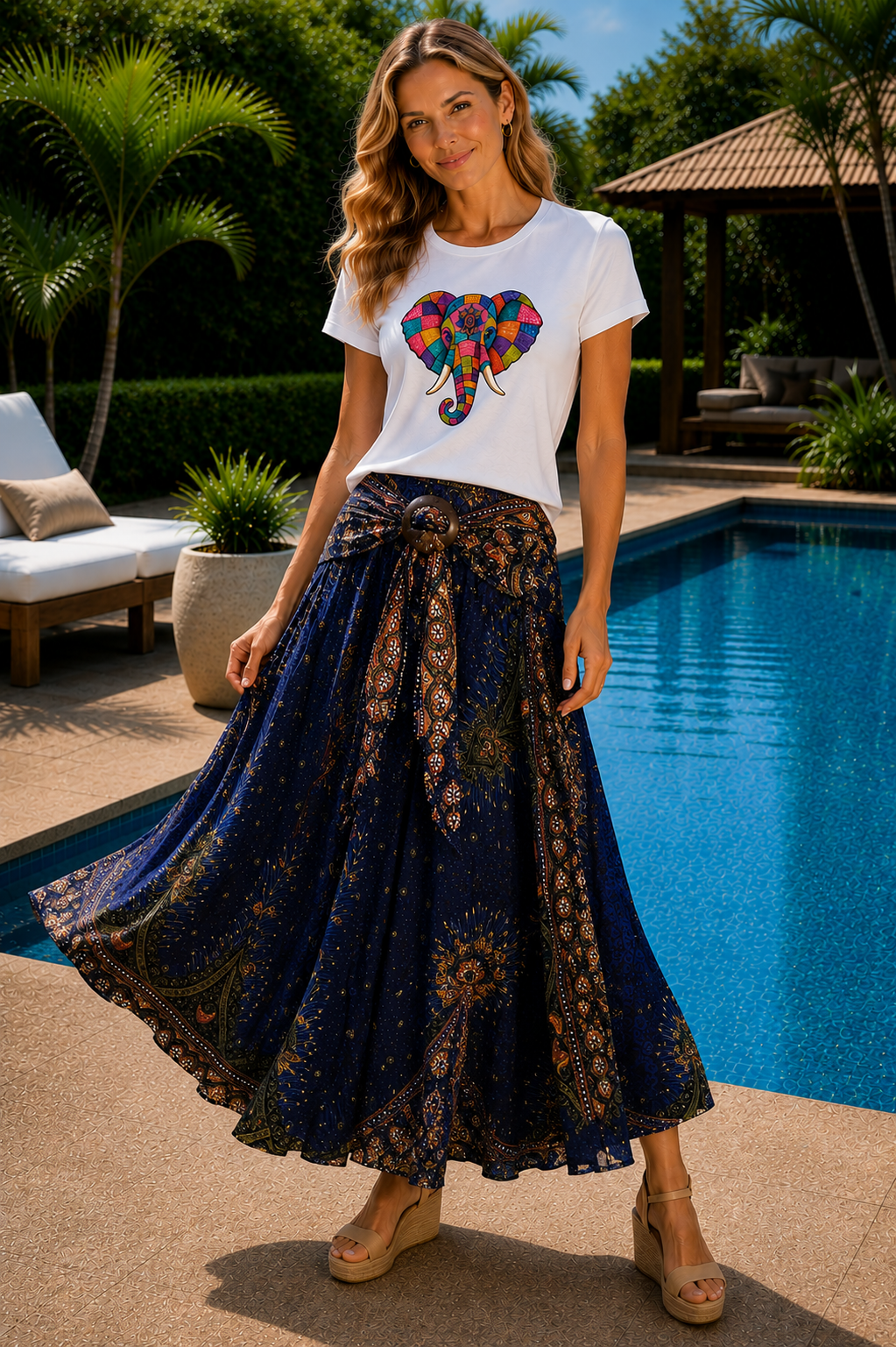 Bohotusk Navy Blue Fern Long Skirt With Coconut Buckle (& Strapless Dress) S/M Only