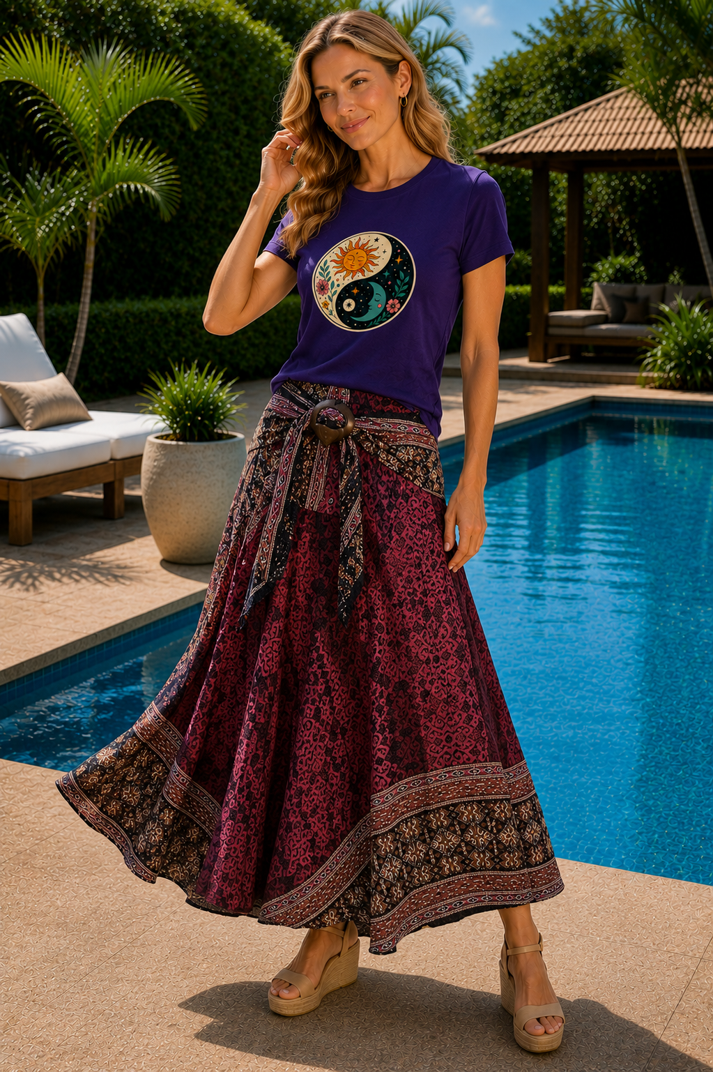 Bohotusk Red Batik Long Skirt With Coconut Buckle (& Strapless Dress) S/M Only