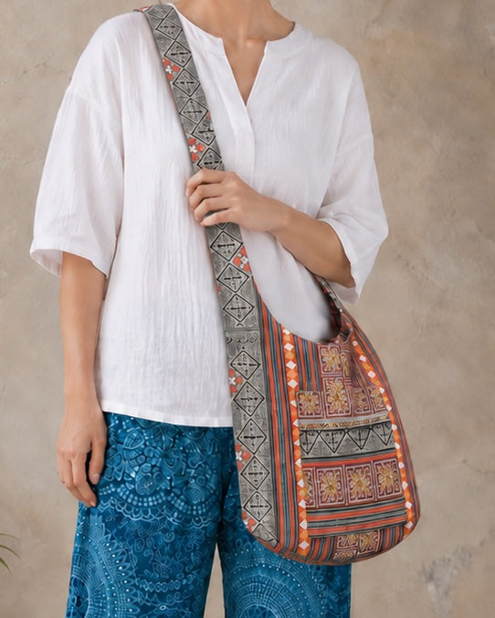 Bohotusk Grey Red Cross Stripe Cotton Canvas Sling Shoulder Bag