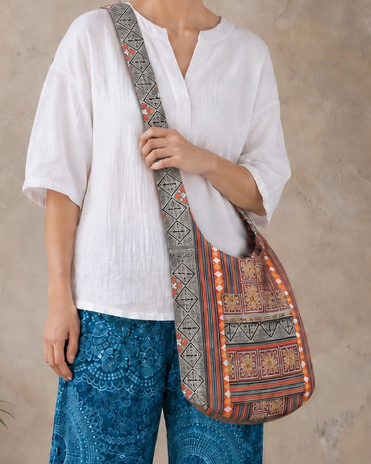 Bohotusk Grey Red Cross Stripe Cotton Canvas Sling Shoulder Bag