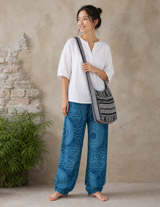 Bohotusk Black Pattern Cotton Canvas Sling Shoulder Bag