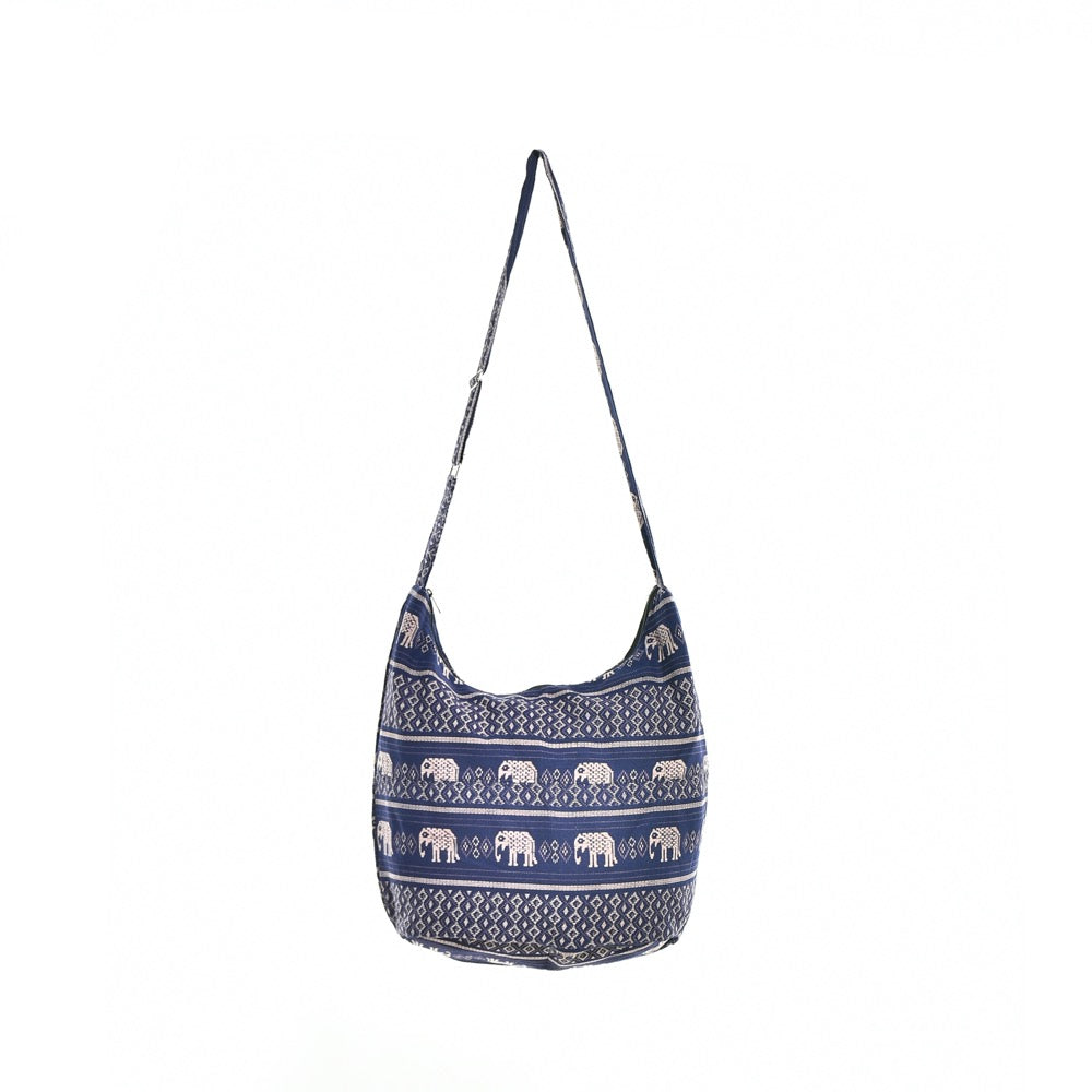 Bohotusk Blue Elephant Cotton Sling Shoulder Bag Adjustable Strap with Zip Closure