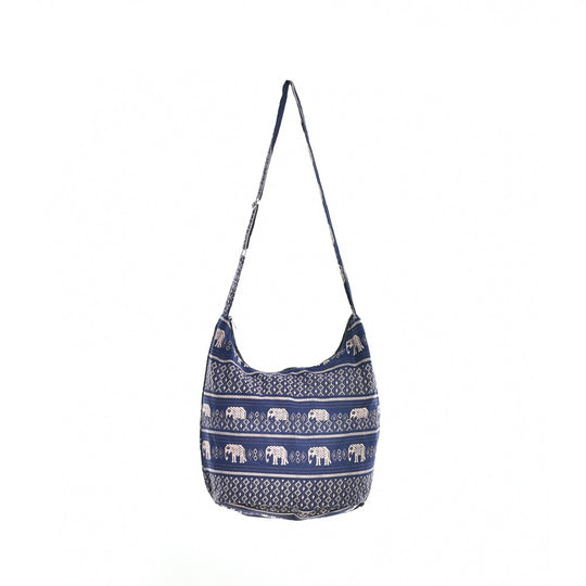 Bohotusk Blue Elephant Cotton Sling Shoulder Bag Adjustable Strap with Zip Closure