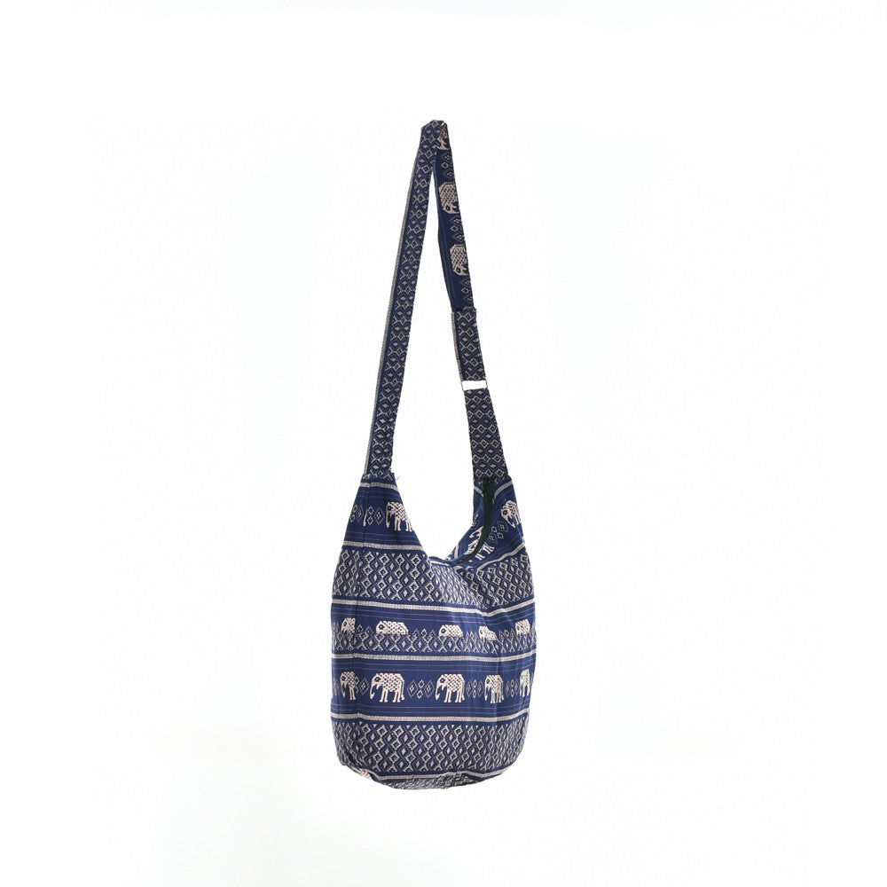 Bohotusk Blue Elephant Cotton Sling Shoulder Bag Adjustable Strap with Zip Closure