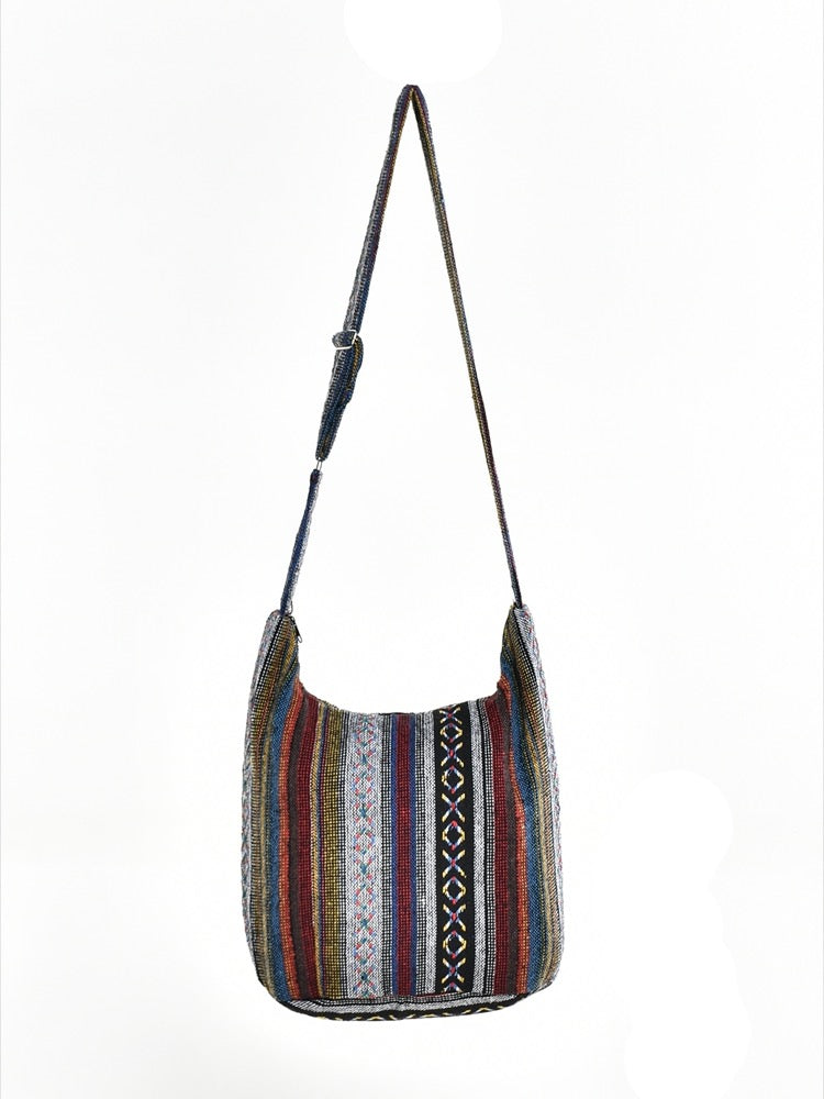 Bohotusk Mutli Stripe Cotton Sling Shoulder Bag Adjustable Strap Zip Closure