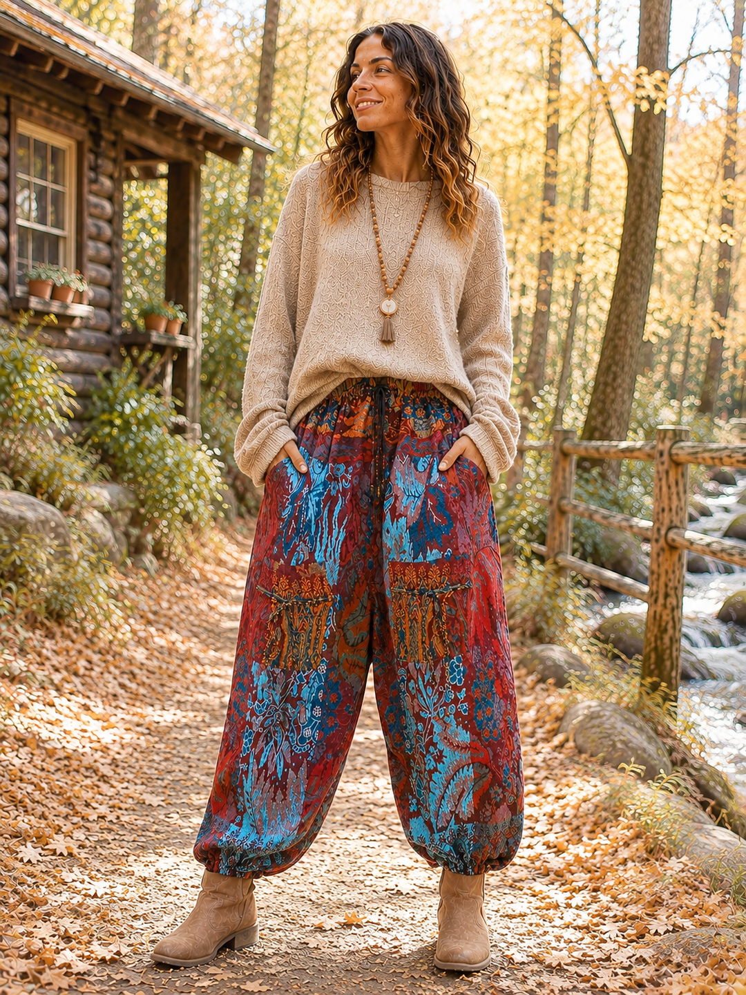 Bohotusk Aqua Red Coral Reef Fleece Harem Pants One Size