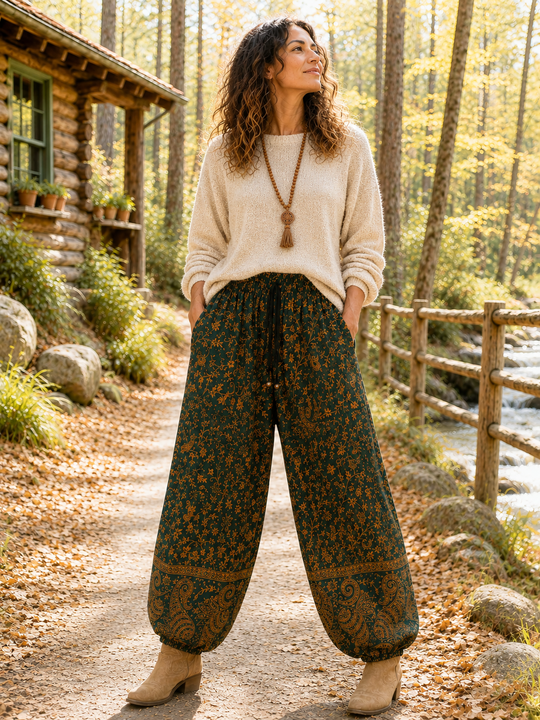 Bohotusk Green Light Brown Paisley Fleece Harem Pants One Size