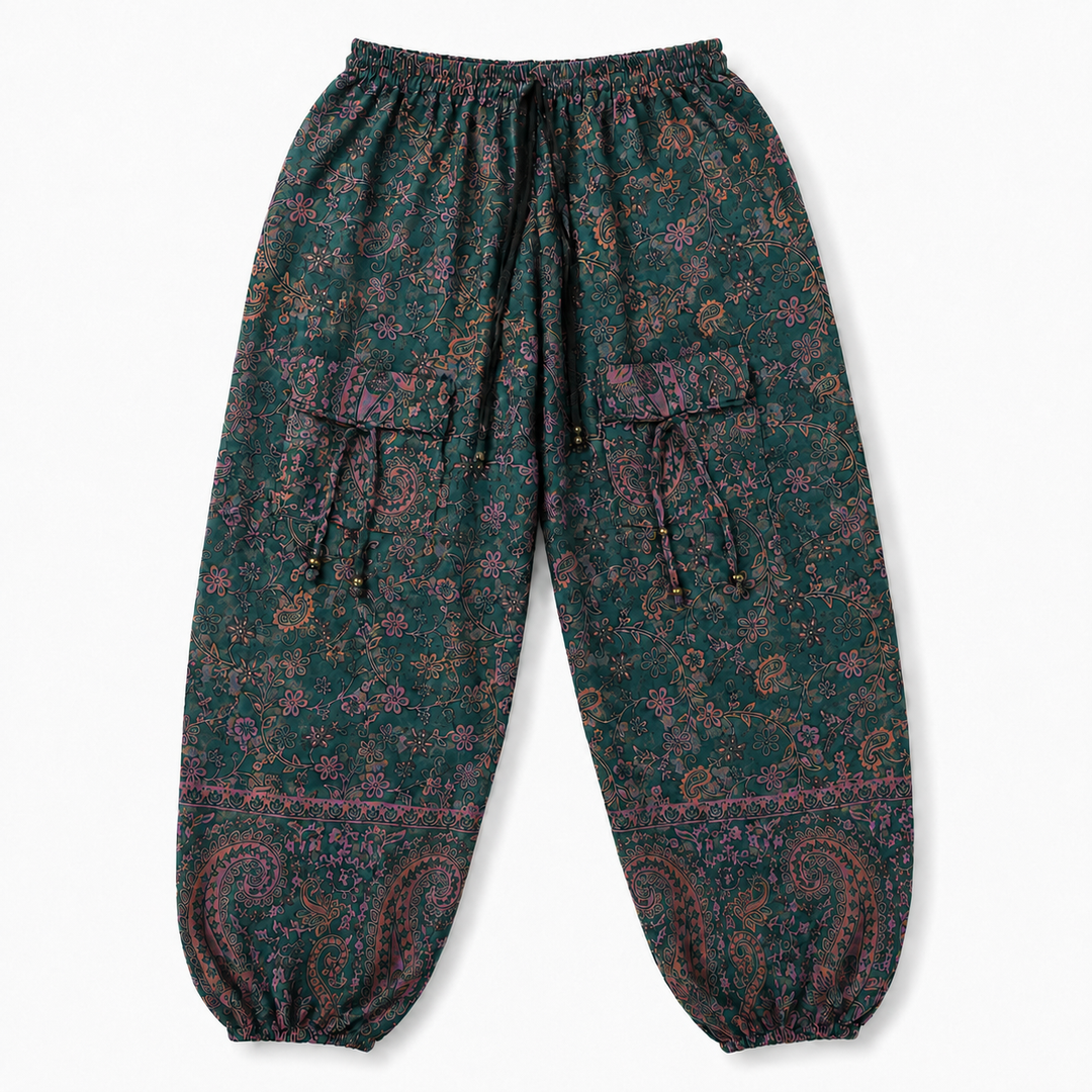 Bohotusk Dark Green Purple Paisley Fleece Harem Pants One Size
