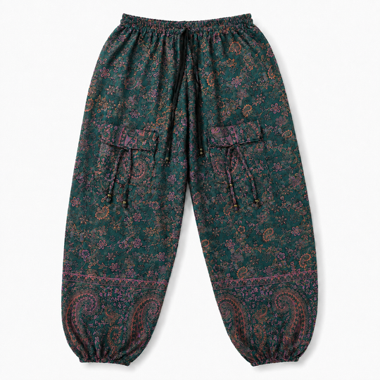 Bohotusk Dark Green Purple Paisley Fleece Harem Pants One Size