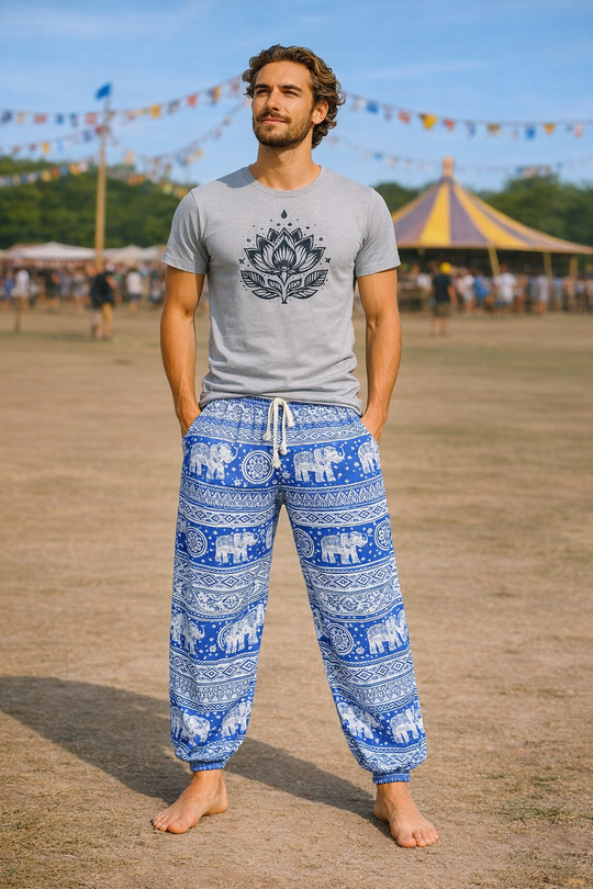 Bohotusk Mens Blue Elephant Calf Print Harem Pants Cord Tie Waist M/L Only