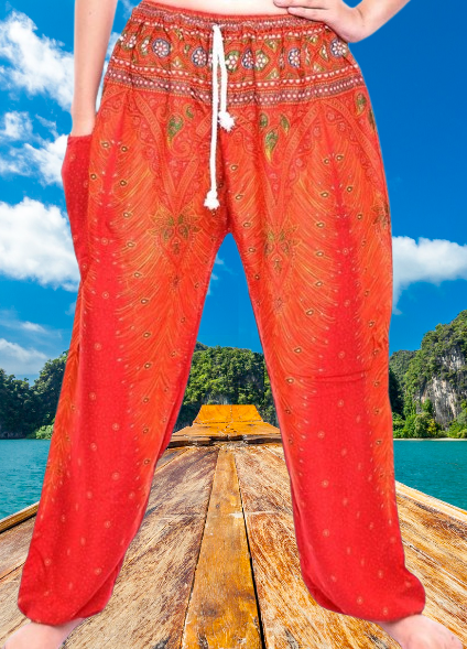 Bohotusk Mens Orange Peacock Print Harem Pants Cord Tie Waist M/L Only
