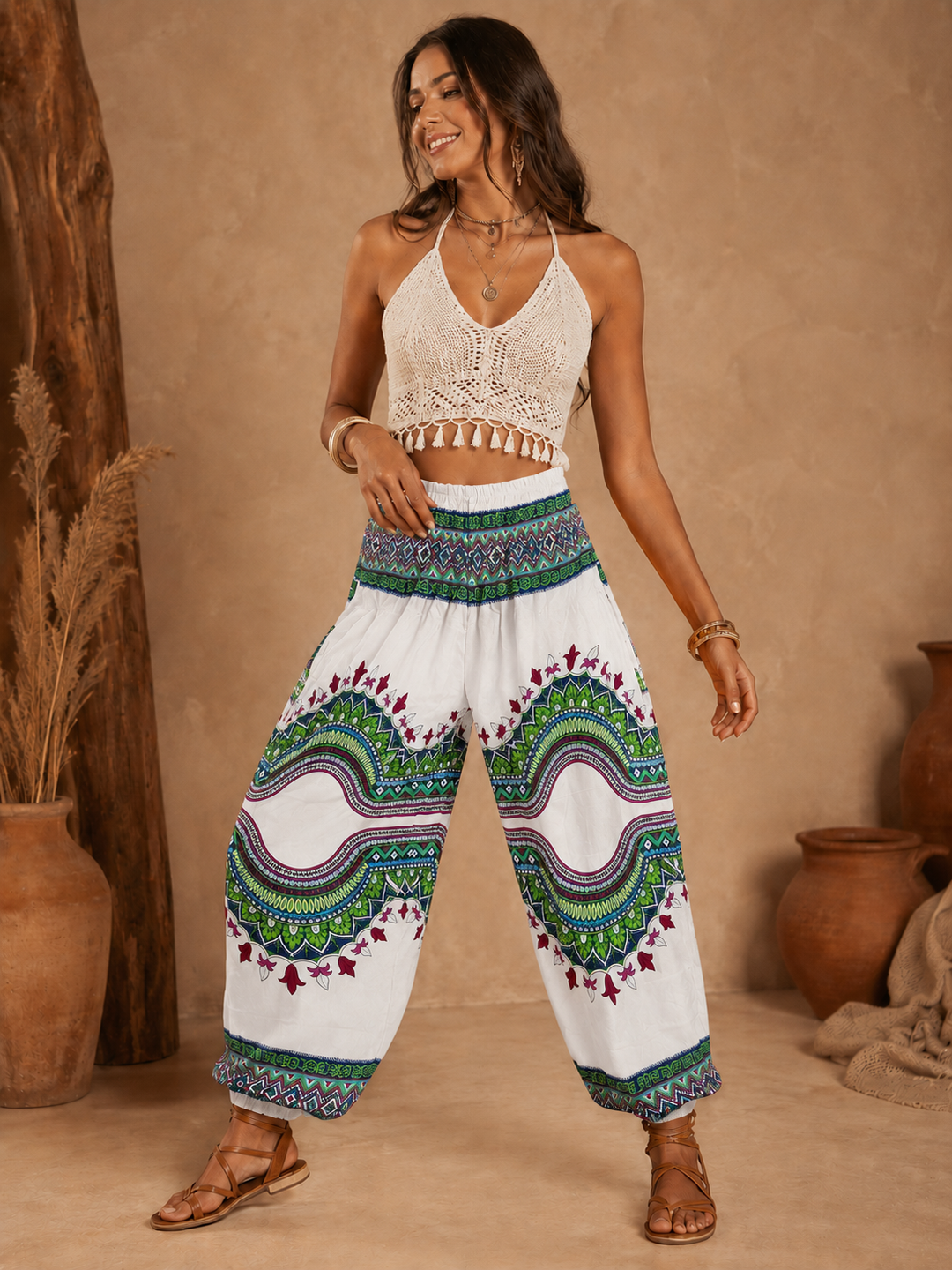 White Geo Waves Elasticated Smocked Waist Womens Harem Pants S/M Only
