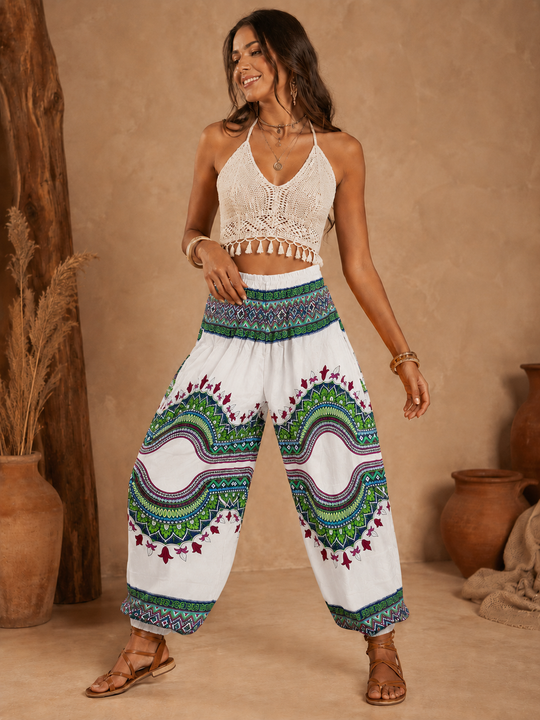 White Geo Waves Elasticated Smocked Waist Womens Harem Pants S/M Only