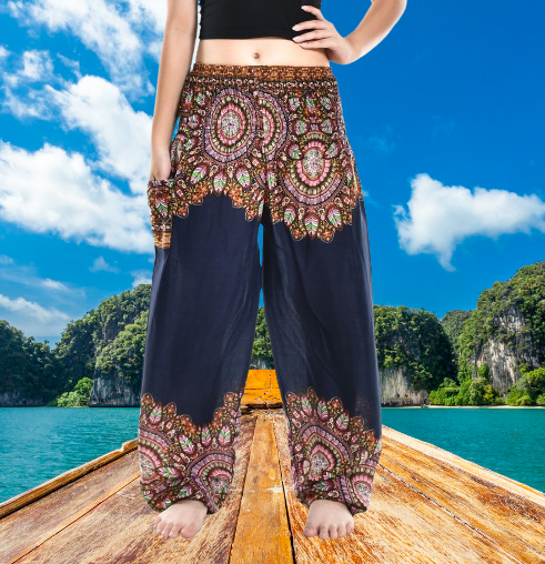 Bohotusk Navy Blue Moon Petal Elasticated Smocked Waist Womens Harem Pants S/M - 3XL