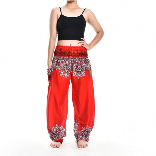 Bohotusk Red Thai Floral Smocked Waist Harem Pants S/M Only