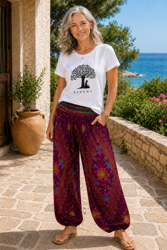 Bohotusk Purple Moonshine Print Elasticated Smocked Waist Womens Harem Pants S/M to 3XL